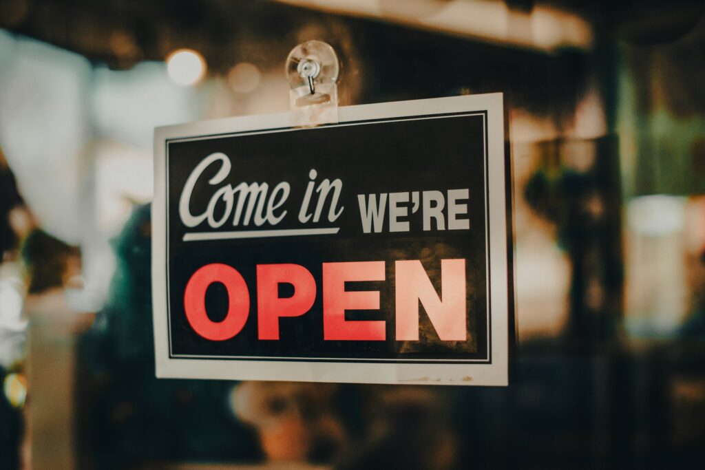 Sign in a small business window: open for business.